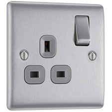 BG Electrical Single Switched Power Plug Wall Socket, Raised, Brushed Steel