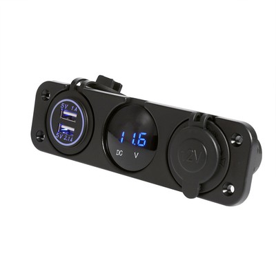 _Waterproof Car Boat 3 Hole Panel Dual USB Blue LED Voltmeter 12V Socket