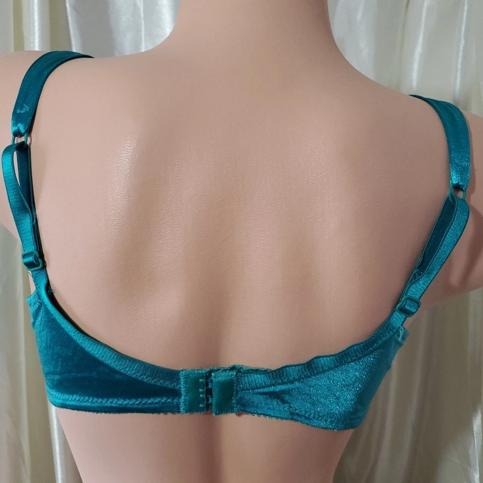 90's ENHANCED Unpadded Underwire Bra SHINY BLUE GREEN SATIN Second Skin 36C - Image 4 of 4