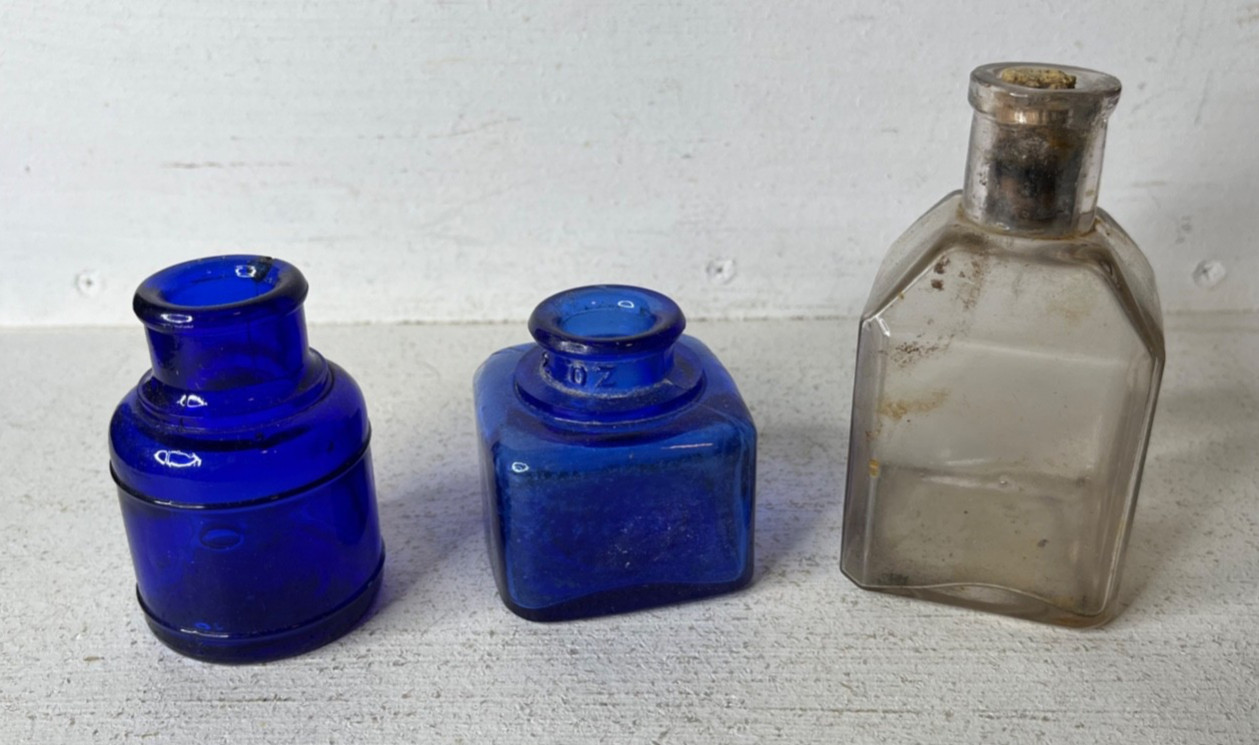 Lot of 3 Beautiful Glass Ink Well Bottles Antique Vintage Cobalt Blue