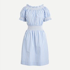 NWT J.Crew Smocked Puff-sleeve in Blue Cotton Poplin Stripe Dress XXS
