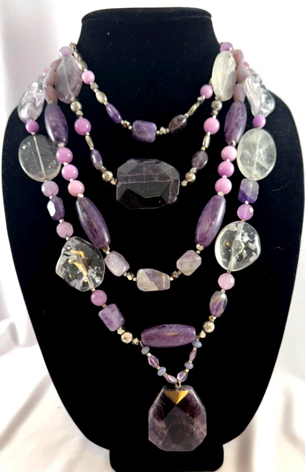 CHICO'S Chunky 多股紫水晶和玫瑰石英项链