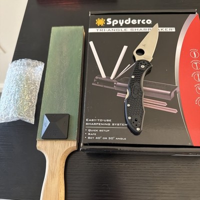 Spyderco Delica 4 VG-10 + Spyderco Sharpmaker + Leather Strop Sharpening Bundle