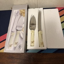 50th Anniversary Cake Server Set Cream Silver Cutting set 2pcs Anniversary Gift