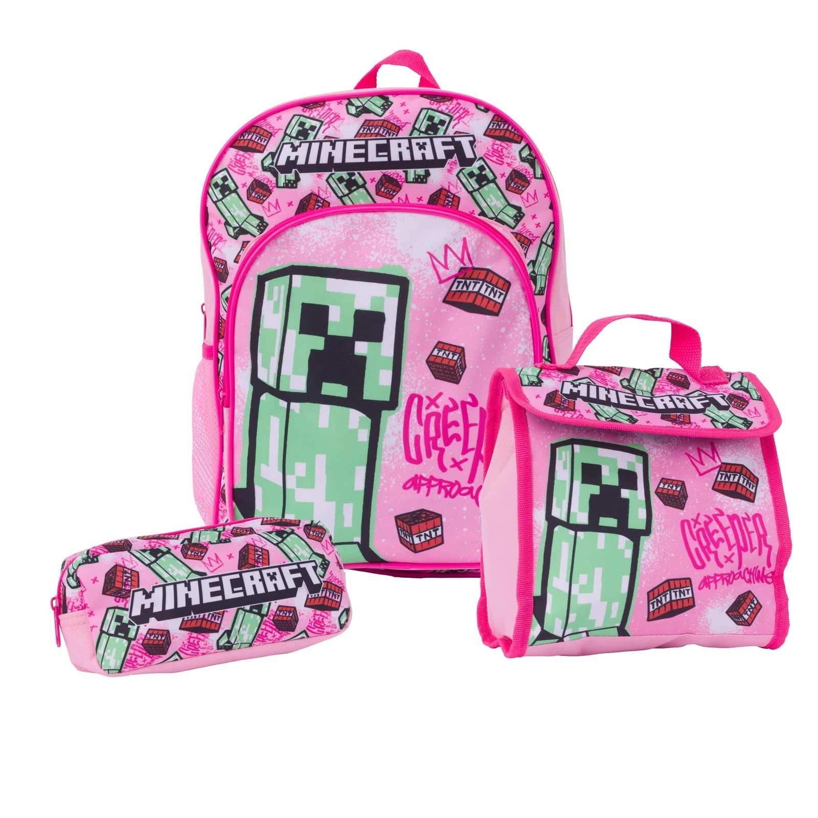 Minecraft Pink Backpack, Lunchbag and Pencil Case Set 3 Pc of 3,