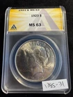 GORGEOUS Shine 1923 $1 Silver Peace Dollar MS 63 ANACS ESTATE US Coin 1385-31