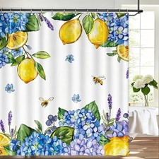 Summer Hydrangea Lemon Shower Curtain, Watercolor Spring Blue Floral Bees Sho...
