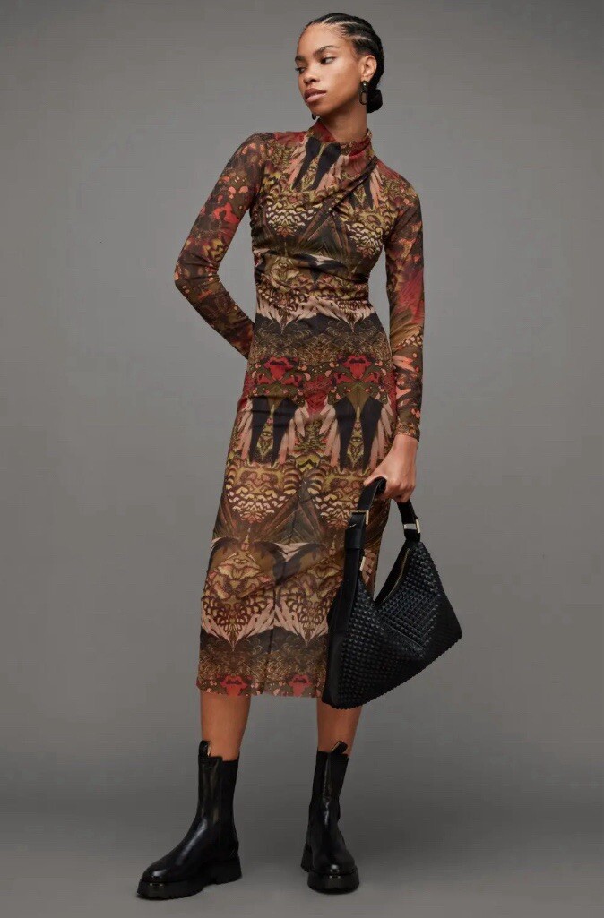 tia mesh gene dress AllSaints Tia Gene dress in green-black print