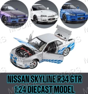 MODIFIED MOTORS Nissan Skyline R34 GTR 1:24 Diecast Scale Model Car Gift Collector Fast Furious