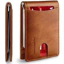 Genuine Leather Slim Wallet for Men RFID Blocking Bifold Minimalist Front Poc...