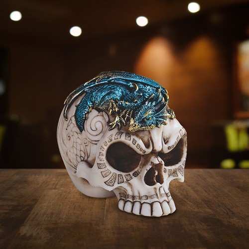 Skull with Blue Dragon on Top Gothic Statue 4"W Halloween Figurine Room Decor - 第 1/1 張圖片