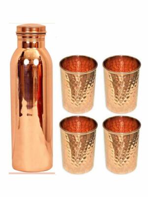 Kupferflasche Wasser & 4 Becher Gesundheit Pure Ayurveda Vorteile 100% Yoga 9...