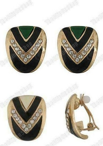 CLIP ON crystal&enamel GOLD FASHION huggie EARRINGS vintage art deco style - Picture 13 of 13