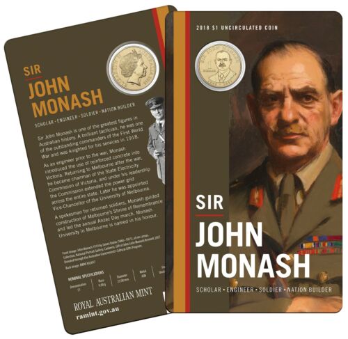 2018 Australia, SIR JOHN MONASH, $1 UNC Coin - Foto 1 di 3