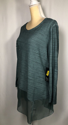 Ali Miles Women Tunic Blouse Shirt Top XL Cotton Long Sleeve Embroidered Green