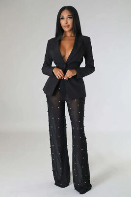 Miley Cyrus Plunging Power Suit, Blazer Suit and Mesh Beading Pants, 2 Piece Set
