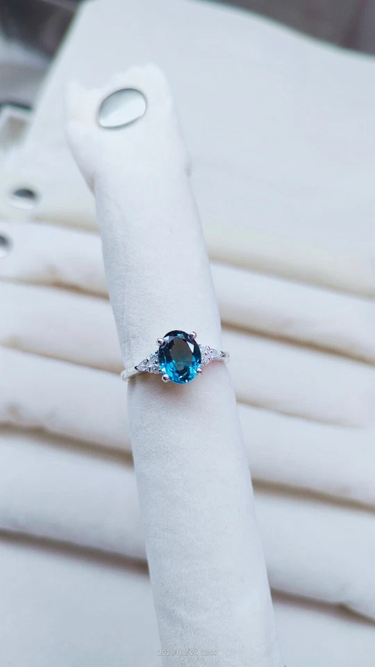 Anillo de zafiro verde azulado, anillo de zafiro verde azulado corte ovalado, anillo de plata de ley 925 Foto 4 de 4