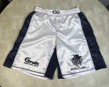 Cradle Gear Devils White Navy Blue Satin Wrestling Shorts Size Large 1093