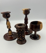 Set Of 4 Vintage Chrysanthemum Wood Candle Holders, 6.5 & 4.5 Inches Tall