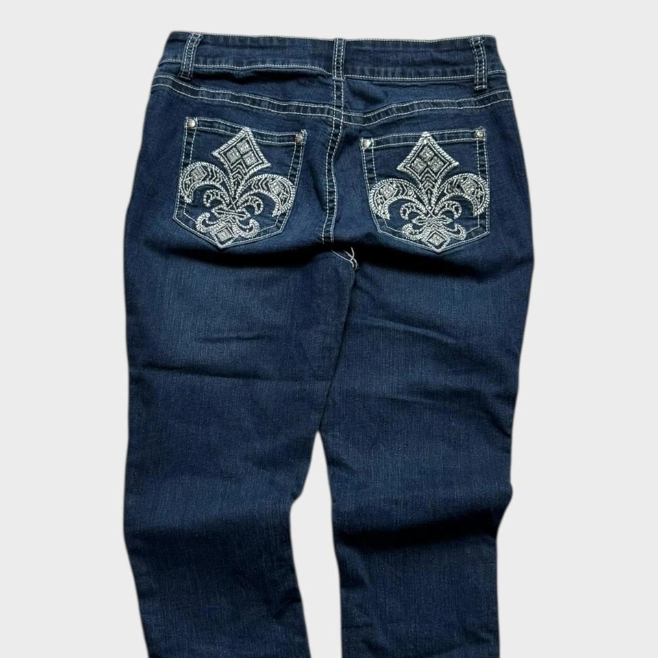 Pantalones Cortos de Fin de Semana ND Para Mujer Azul Marino Denim Bordados Y2K Calce Ajustado Cintura 26 Foto 3 de 4