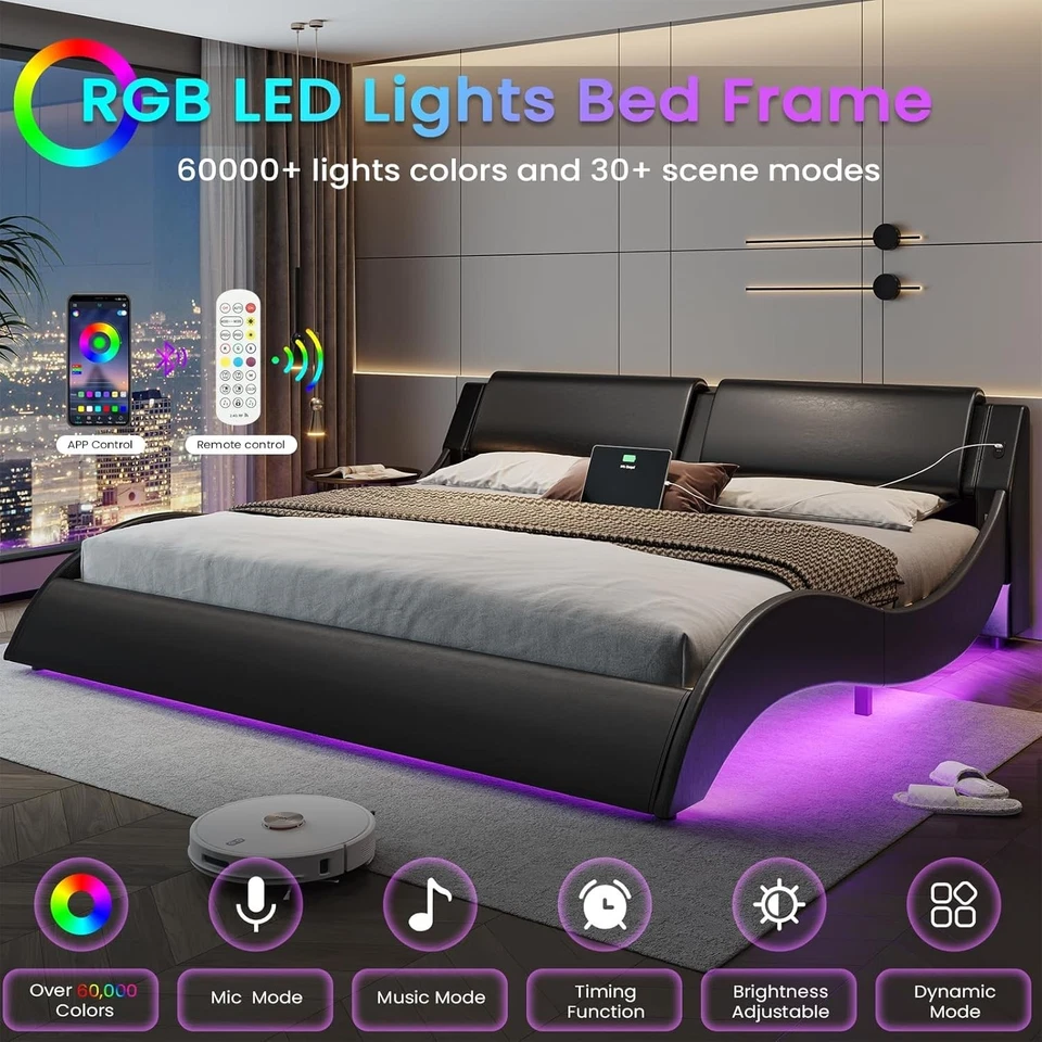 King Size Bed Frame with Headboard,Charging Station,Led Lights Upholstered Beds - Image 3 of 4