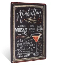 Metal Manhattan Cocktail Recipe Sign Wall Art for Bar Cart, Apartment Home Decor