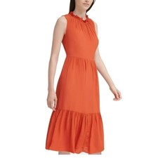 CALVIN KLEIN Womens Orange Stretch Pleated Tie Tiered Dress