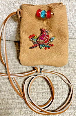 Native American Cardinal Hand Made Leather Drawstring Medicine Smoke Bag Pouch