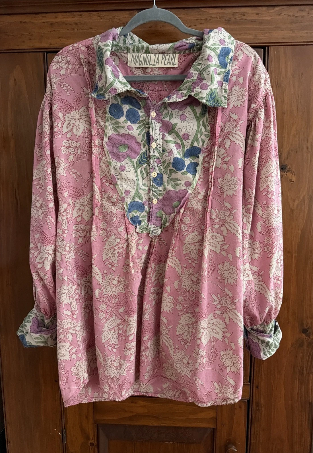 Magnolia Pearl Tora Shirt Blouse Pink Blue Pere Collared S/M