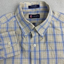 Chaps Dress Shirt Men's 16 32/33 Blue Tan Check Wrinkle Free Classic Fit