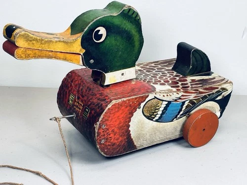 Vintage 1947 Fisher Price Snap-Quack Wooden Duck Pull Toy #141 RARE number 141