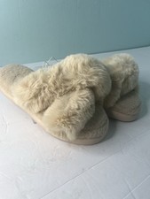 Women's NEW Beige Fuzzy Furry Cross Band Open Toe Slippers House Shoes Size 5-6