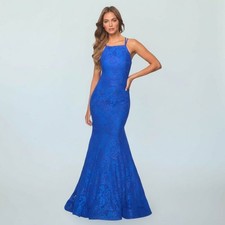 La Femme Womens Size 0 Trumpet Evening Gown Dress Blue Lace Train Cross Straps