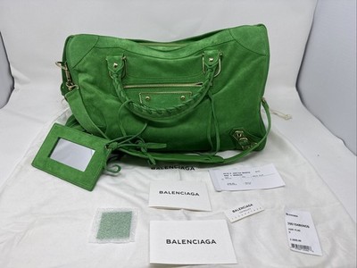 Auth Balenciaga Green Suede Gold HW Motocross City Bag Metallic