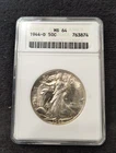1944-D Walking Liberty Half Dollar MS64  Soapbox ANACS Holder with Light Toning