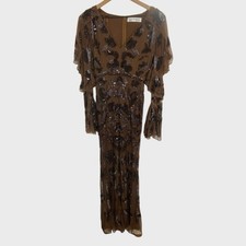 Mac Duggal NEW Brown Floral Leaf Beaded Attached Cape Flowy Sleeve Maxi Dress
