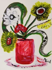 ORIGINAL Flower Naive Folk Outsider Self Taught Mary Carol art Primitive Folk MC