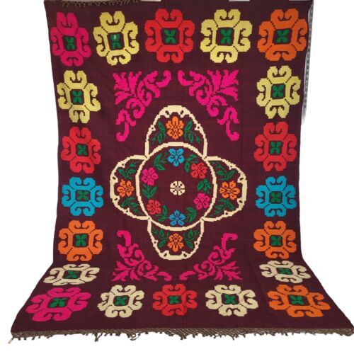 VTG Vibrant Moroccan Handmade Rug Pink Red Blue Floral Fringe Wool Berber Carpet
