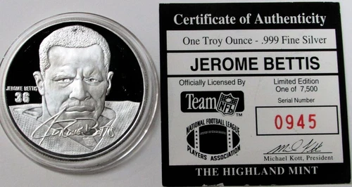 JEROME BETTIS NFL 1 oz SILVER PROOF LOS ANGELES RAMS SPORTS ROUND WITH COA