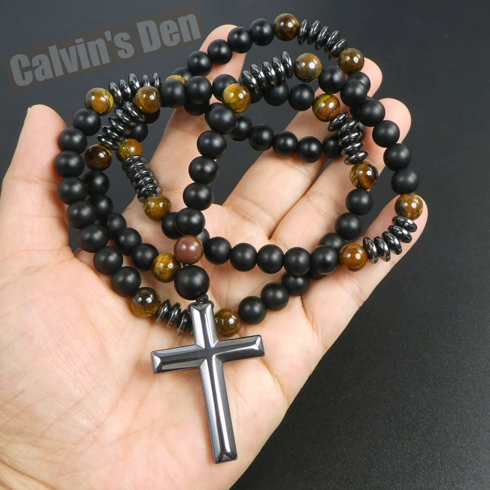 Collar Colgante Cruz Hematita Negra Ojo de Tigre Obsidiana Negra Hombre Mujer Regalo Foto 3 de 4