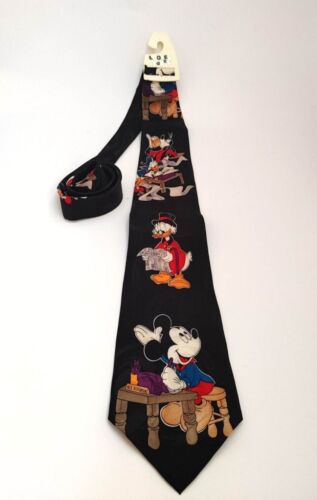 Disney 100% Silk Tie Mickey Mouse Scrooge McDuck Goofy Donald Duck Black Men NWT