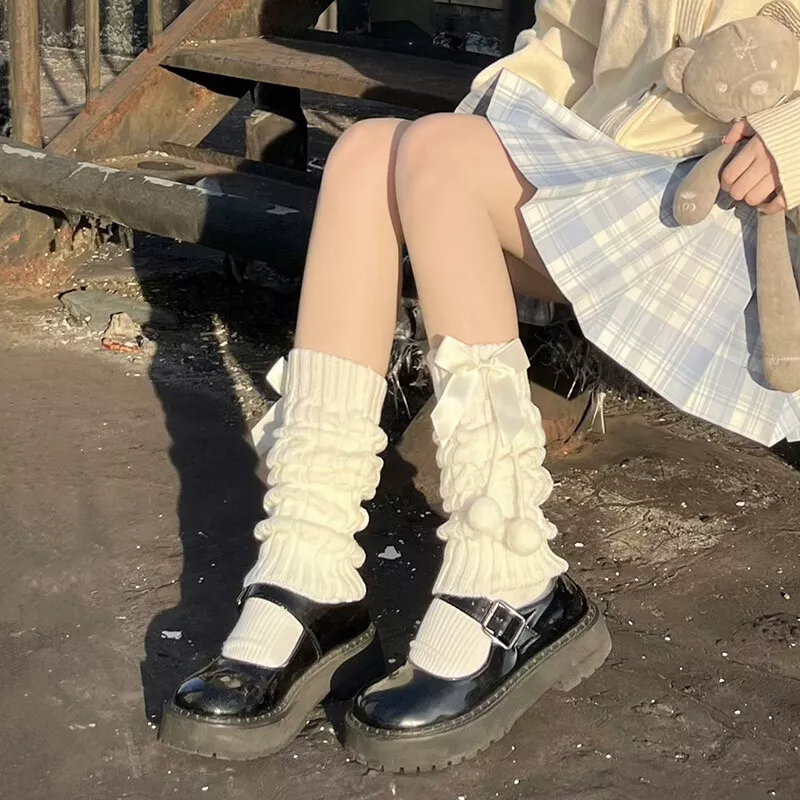 Women Girls Lolita Leg Warmer Knit Pom Bowknot Slouch Boot Socks