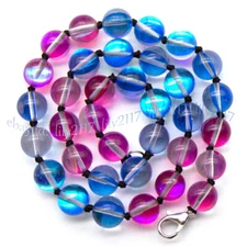 10mm Blue Pink Gleamy Rainbow Moonstone Round Gemstone Beads Necklaces 14-36"