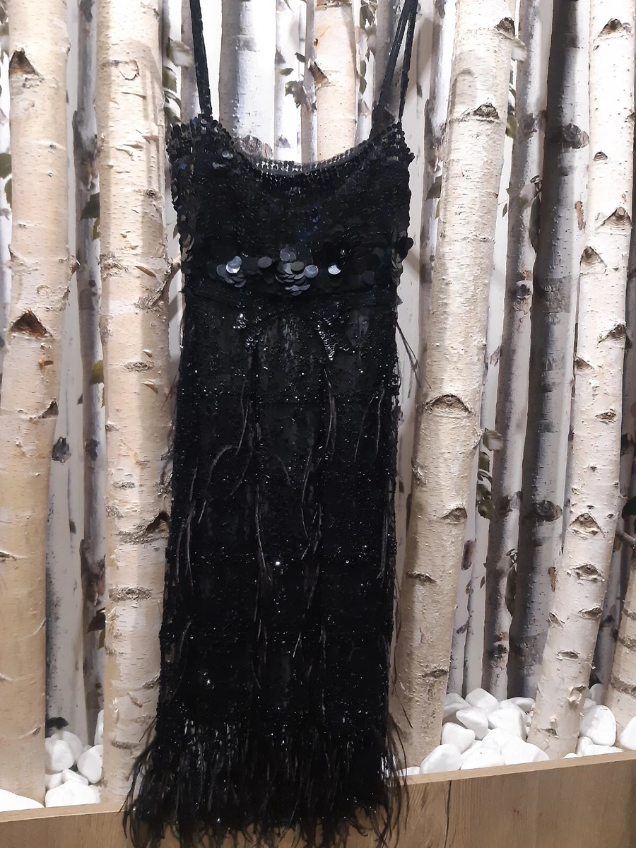 RRP 9500 VALENTINO BLACK BEADED LACE AND OSTRICH FEATHER EVENING