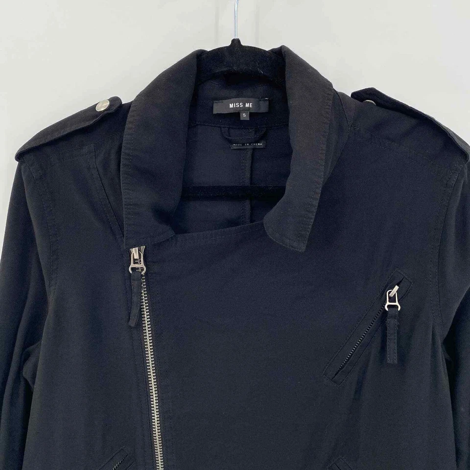 Miss Me 不对称拉链摩托夹克女式小号黑色棉质拉链口袋 — 第 2/4 张图片