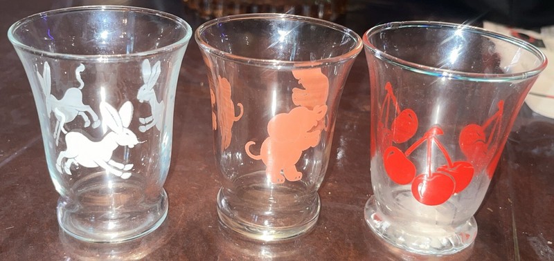 Lot Of 3 Vintage Libby Juice Glasses Cherry, Elephant, Donkey, & Oranges