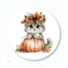 Autumn Cat Kitten in Pumpkin Fall Party Favors Scrapbook Stickers Envelope Seals