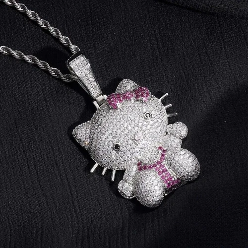 2Ct Round Cut Real Moissanite Cartoon Hello Kitty Pendant 14K White Gold Plated