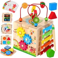 8-in-1 Wooden Baby Activity Cube - Xylophone, Shape Sorter, Blue Packaging