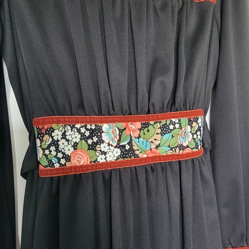 Vintage 70s Floral Peasant Dress Prairie Cottage Velvet Trim Size Medium - Picture 8 of 15